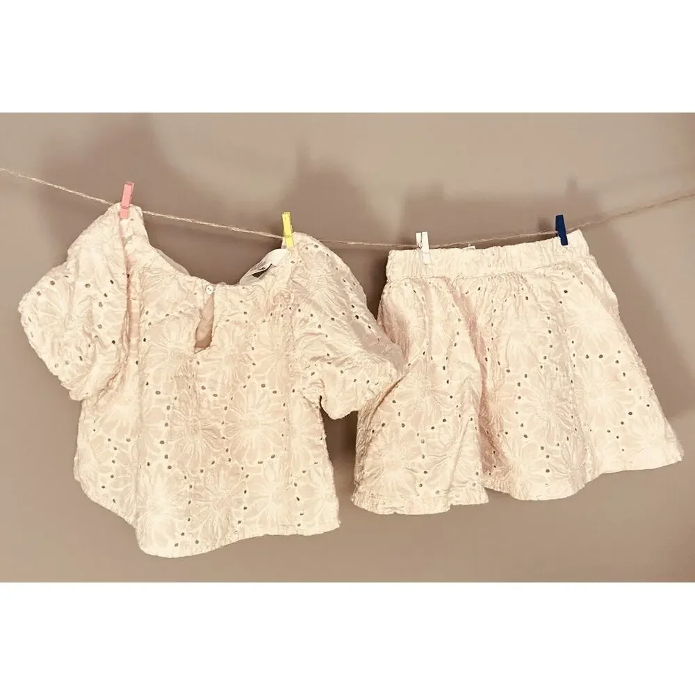 H&M Girls Eyelet Embroidered Top And Skirt Set Dusty Rose Pink 5T Outfit Set